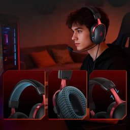 Casque gaming QCY Heroad VN200 USB-A rouge et noir avec micro flexible, arceau rembourré, oreillettes circum-aurales 40 mm, éclairage et son spatial 7.1