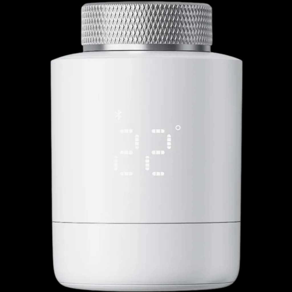 Tête thermostatique blanche avec écran LED 22°, bague métallique texturée, design cylindrique minimaliste pour radiateur intelligent Bluetooth