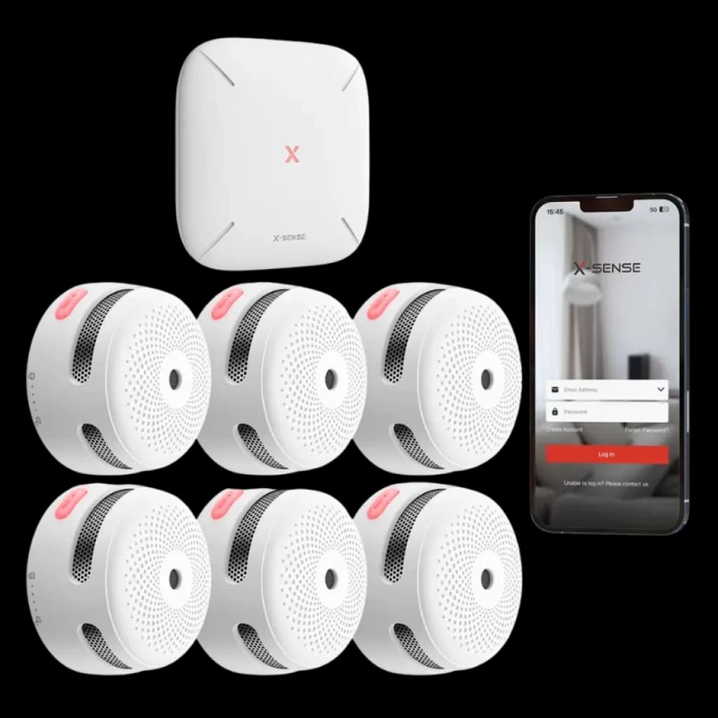 X-Sense FS61 Kit de 6 Detectores de humo XS01-M con HUB SBS50 y app móvil; detectores blancos compactos con rejilla frontal y botones rosados