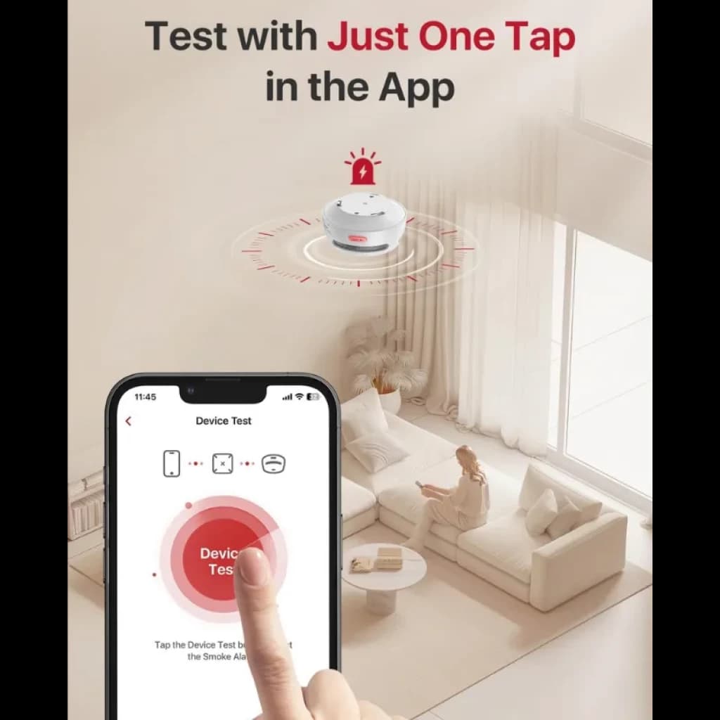 Detector de humo blanco con anillo LED rojo y app móvil mostrando prueba con un toque; diseño compacto para techo y alerta sonora visual