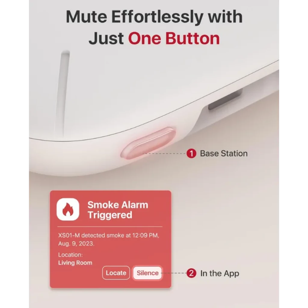X-Sense FS61 Kit de 6 Detectores de humo XS01-M con HUB SBS50 y app móvil; detectores blancos compactos con rejilla frontal y botones rosados - Ítem6