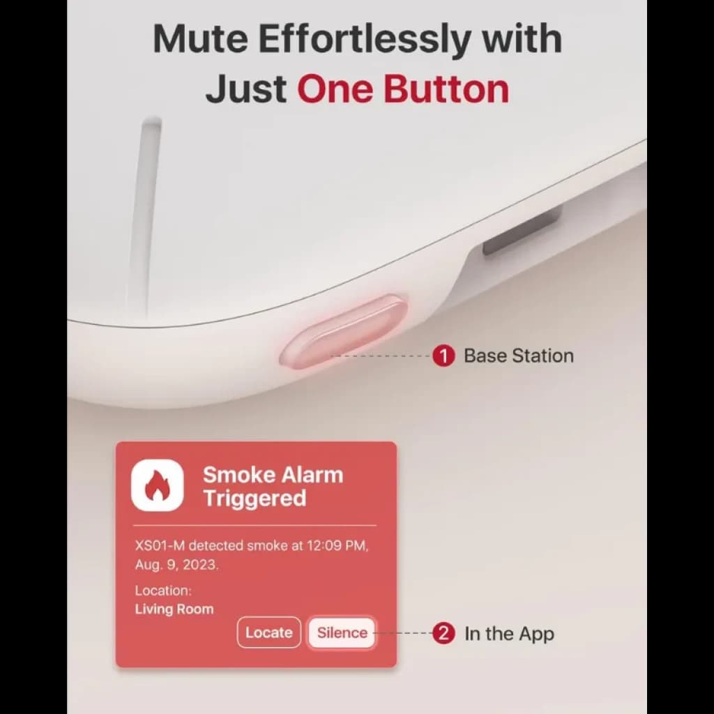 HUB SBS50 con botón físico para silenciar y alerta en app; base y ranura lateral visibles