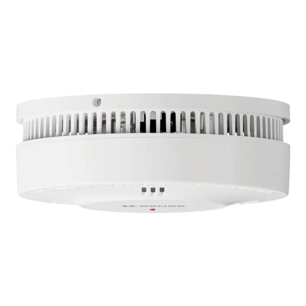 Detector de Humo redondo blanco con rejillas superiores, LED rojo central, botón de prueba grande y texto grabado en el borde - Ítem2