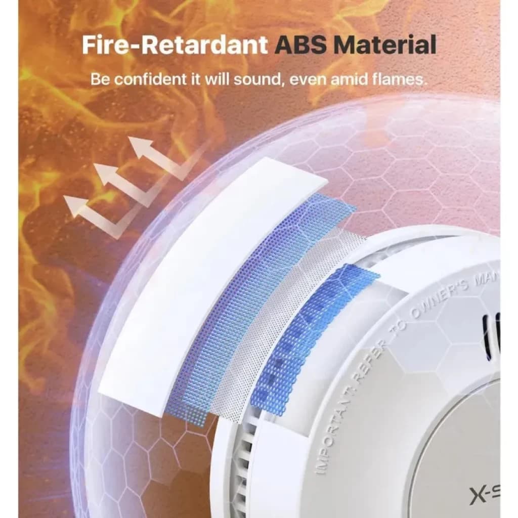 Detector de Humo con carcasa de ABS ignífugo, diseño redondo blanco, ranuras de ventilación y capas internas protectoras contra calor