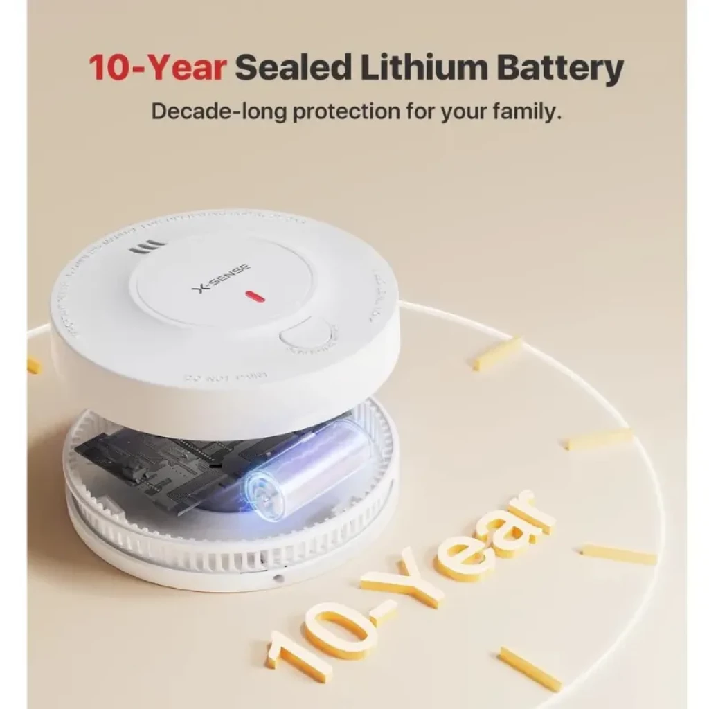 Detector de Humo redondo blanco con rejillas superiores, LED rojo central, botón de prueba grande y texto grabado en el borde - Ítem4