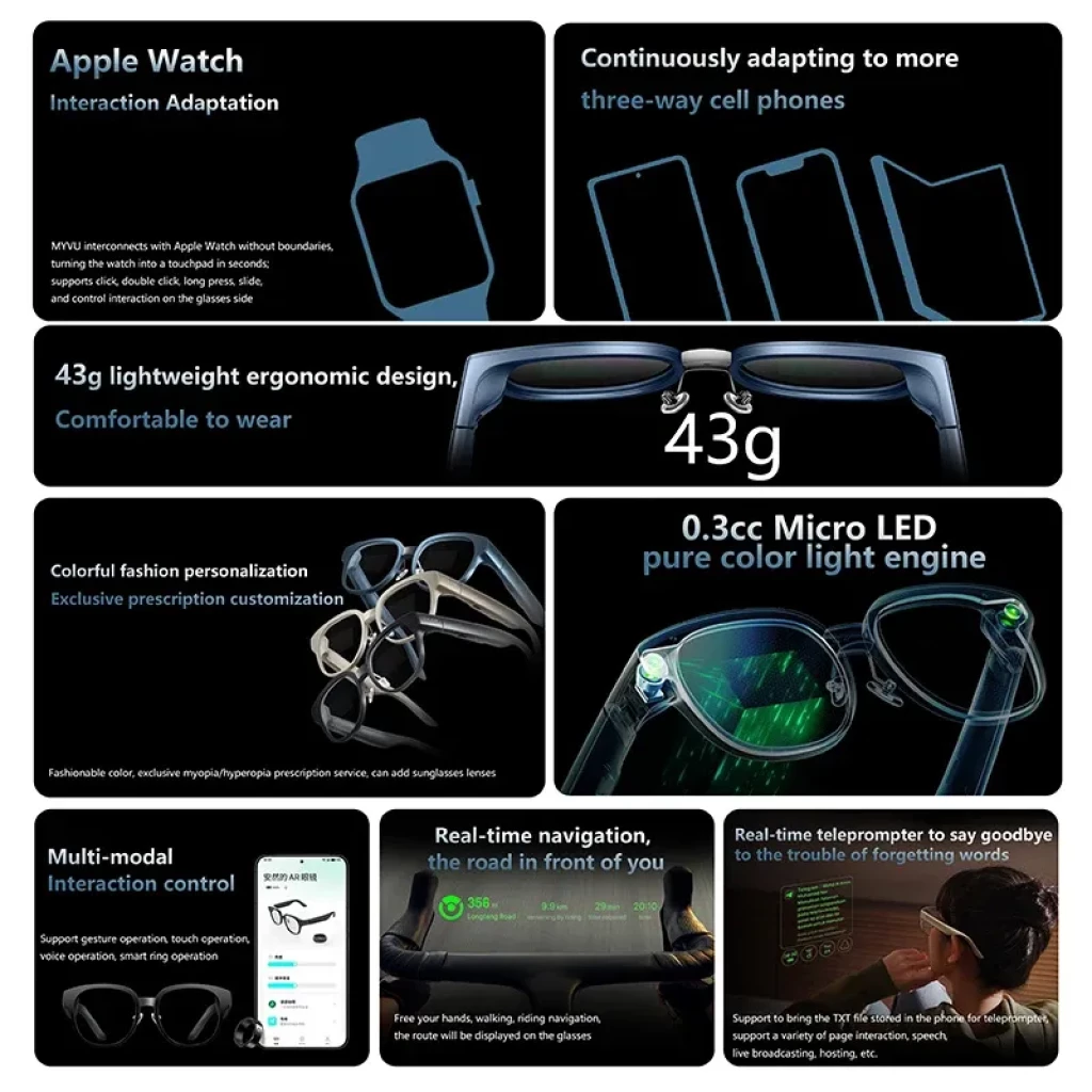 Imiki MYVU Preto com navegação por voz – óculos AR pretos, armação clássica arredondada, hastes largas com logótipo MYVU, lentes transparentes integradas - Item3