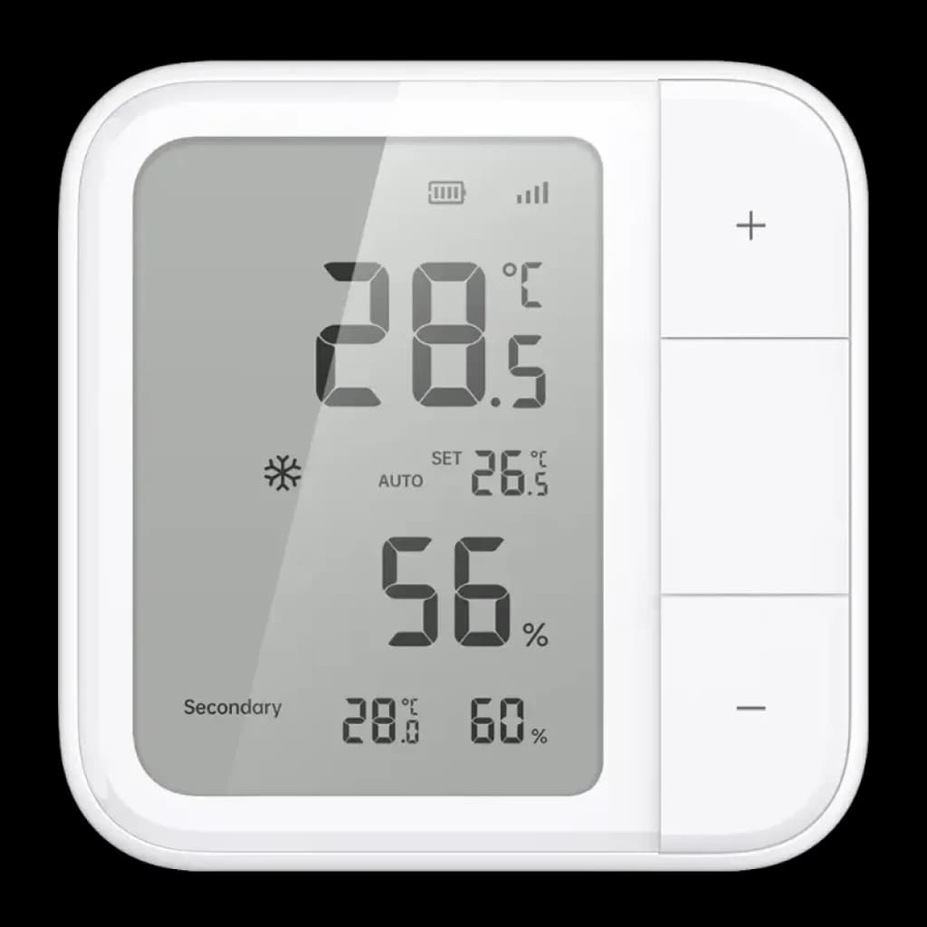 Aqara W100 avec écran LCD 3,4 pouces affichant la température et l'humidité, les icônes de mode, de batterie et de signal ; boutons latéraux + et - pour un contrôle précis