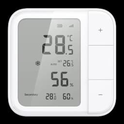 Aqara W100 avec écran LCD 3,4 pouces affichant la température et l'humidité, les icônes de mode, de batterie et de signal ; boutons latéraux + et - pour un contrôle précis