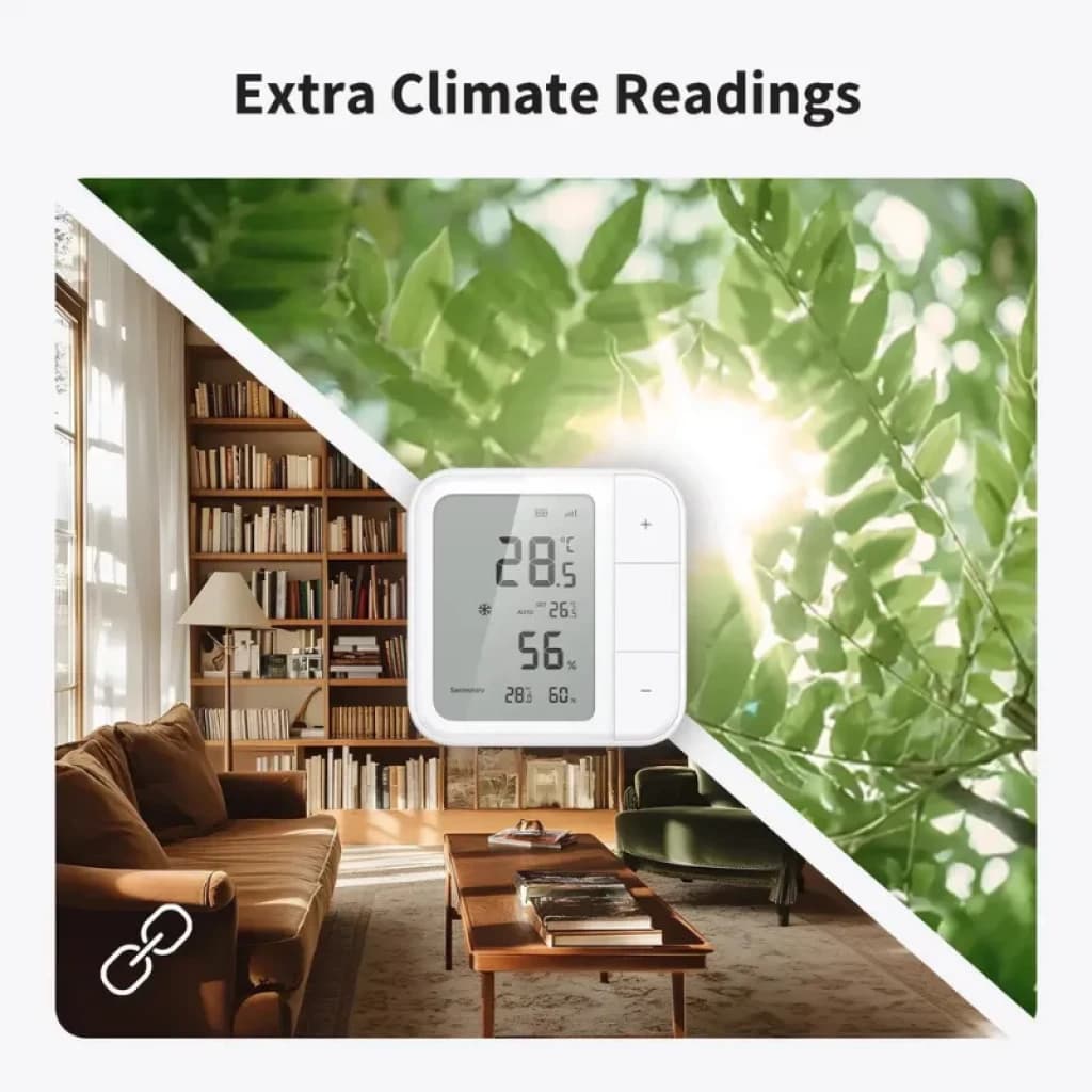 Aqara W100 avec écran LCD 3,4 pouces, affiche la température, l'humidité et la pression. Design blanc avec boutons + et -, compatible Matter et Zigbee