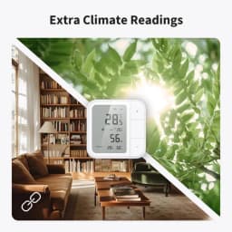 Aqara W100 avec écran LCD 3,4 pouces, affiche la température, l'humidité et la pression. Design blanc avec boutons + et -, compatible Matter et Zigbee