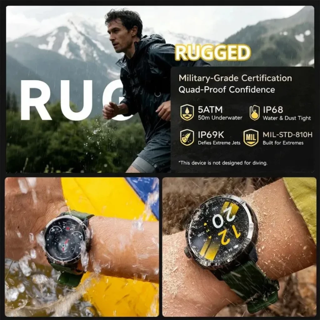 Ulefone Armor Watch Pro Negro con pantalla AMOLED 1,50 pulgadas, bisel metálico, correa resistente negra, esfera analógica digital con acentos naranjas - Ítem4