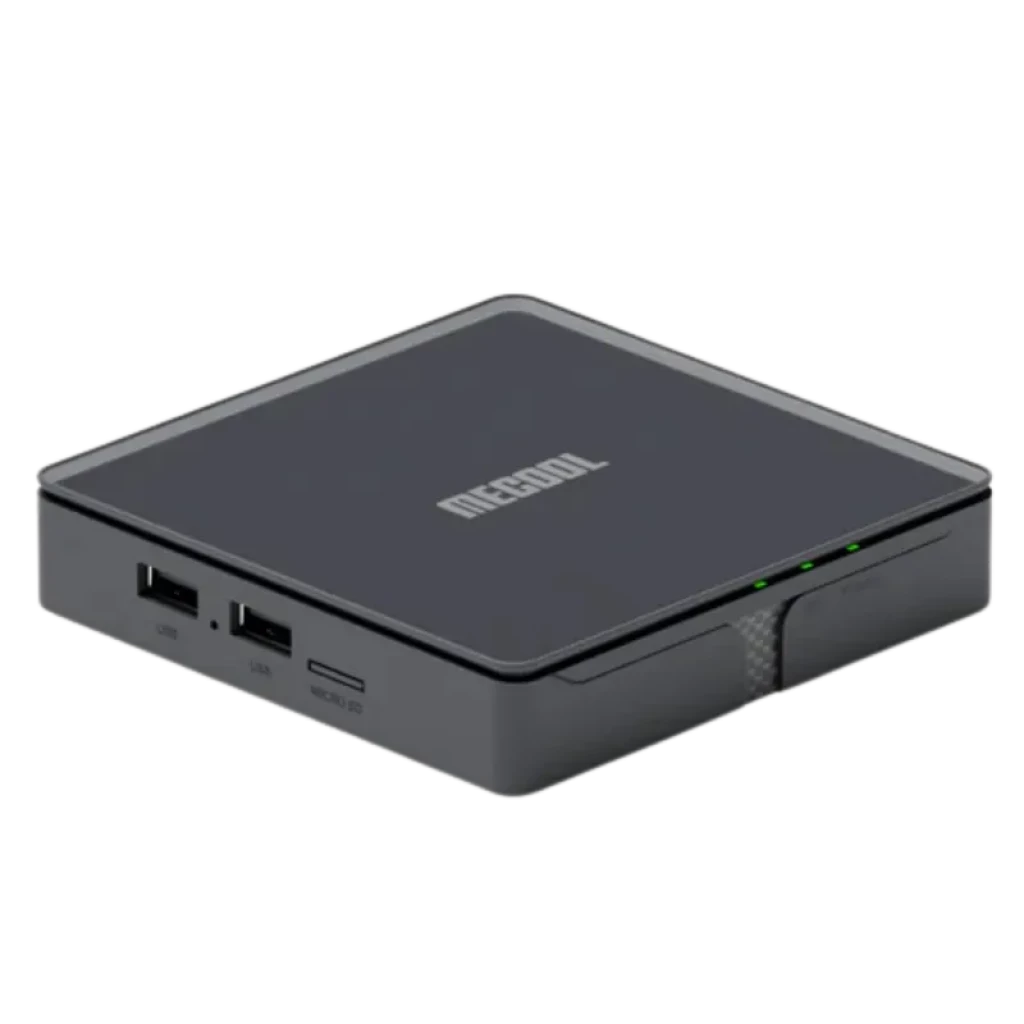 Control remoto y TV box MECOOL MEon1 GTV 4K en negro, con botones dedicados a Netflix Prime Video Disney+ YouTube y micrófono para Google Assistant - Ítem2