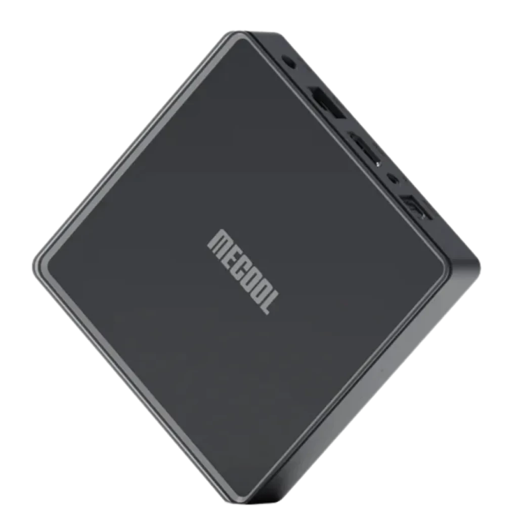 Control remoto y TV box MECOOL MEon1 GTV 4K en negro, con botones dedicados a Netflix Prime Video Disney+ YouTube y micrófono para Google Assistant - Ítem3