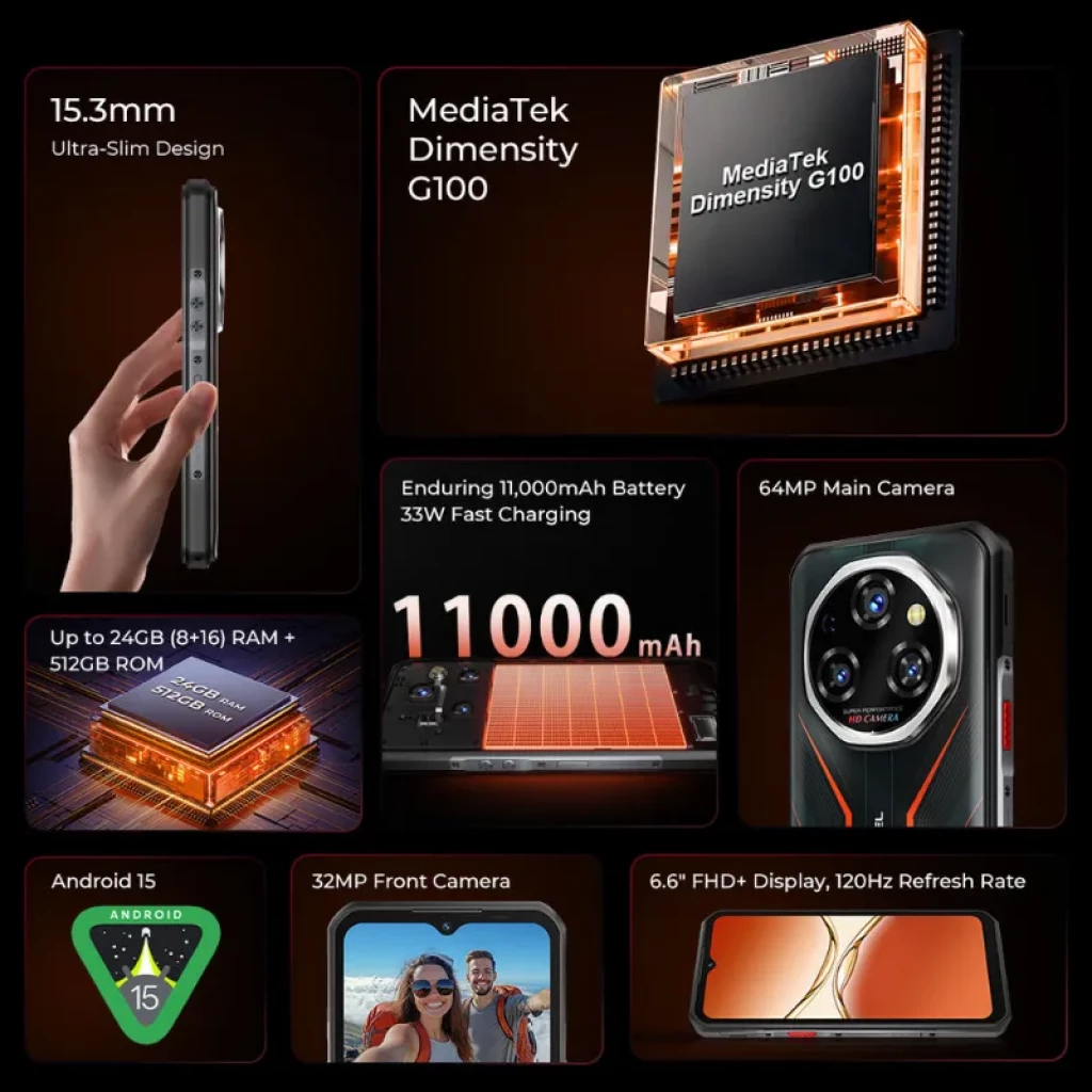 Smartphone robuste noir avec écran intégral et module arrière circulaire à triple caméra et flash, design texturé en X et côtés avec boutons rouges - Ítem1