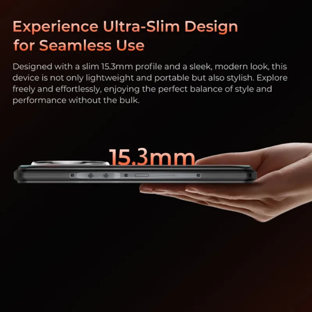 Smartphone robuste noir avec écran intégral et module arrière circulaire à triple caméra et flash, design texturé en X et côtés avec boutons rouges - Ítem2