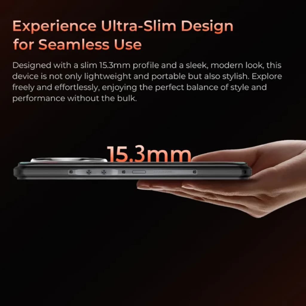 Oukitel WP55S naranja ultradelgado de 15.3 mm, cuerpo resistente y elegante sostenido en mano, perfilería metálica y módulo de cámara trasera destacada