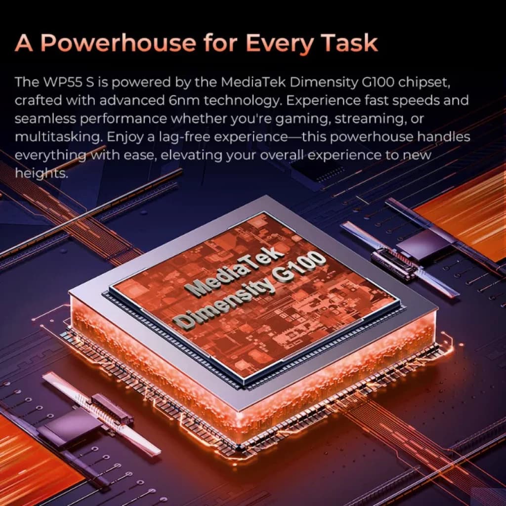Chip MediaTek Dimensity G100 en placa naranja con detalles luminosos y trazas, diseño robusto y tecnológico que sugiere alto rendimiento y eficiencia