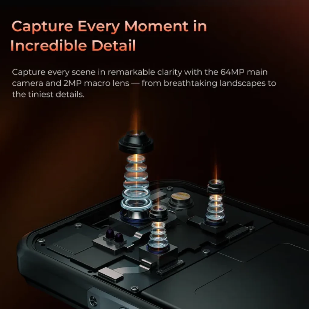 Smartphone robuste noir avec écran intégral et module arrière circulaire à triple caméra et flash, design texturé en X et côtés avec boutons rouges - Ítem5