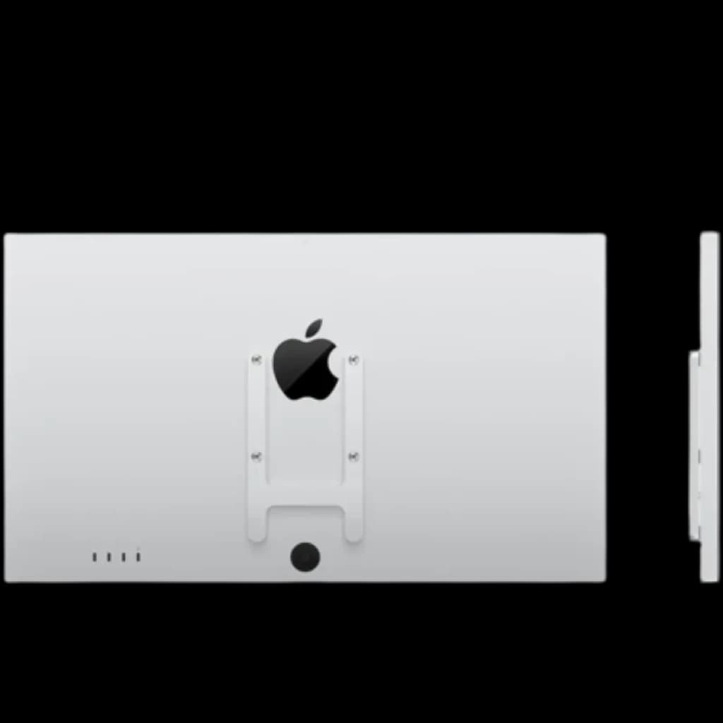 Dos du moniteur Apple Studio Display 27 pouces en aluminium argent, montage VESA visible, ports alignés à gauche, support inclinable séparé à droite.