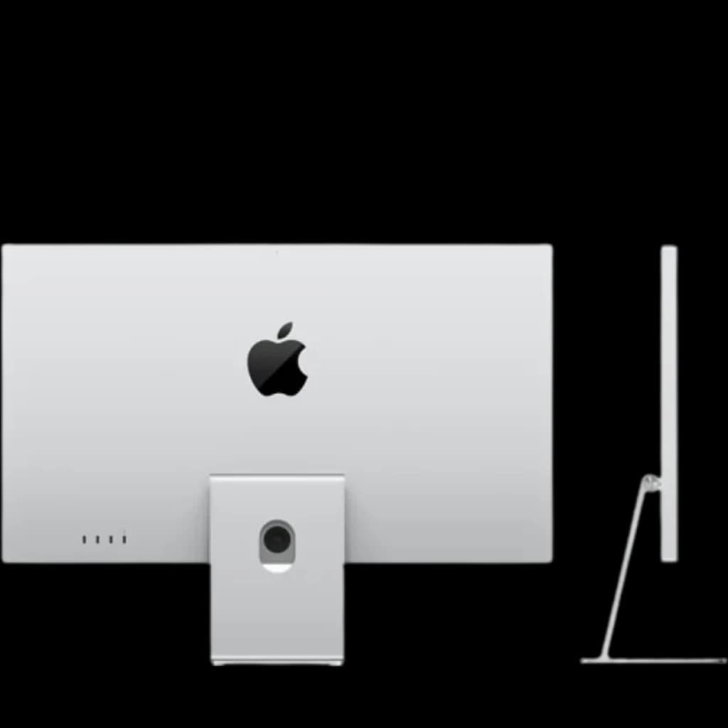 Moniteur 27 pouces Retina 5K en aluminium argent, verre nano-texturé anti-reflets, bords fins, dos épuré avec logo Apple, support inclinable réglable