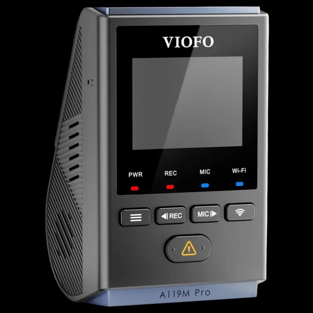 VIOFO A119M Pro 4K HDR Mini com ecrã frontal, botões PWR REC MIC Wi‑Fi, LEDs de estado e design compacto inclinado; suporte Wi‑Fi 6 e controlo por voz