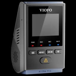 VIOFO A119M Pro 4K HDR Mini com ecrã frontal, botões PWR REC MIC Wi‑Fi, LEDs de estado e design compacto inclinado; suporte Wi‑Fi 6 e controlo por voz