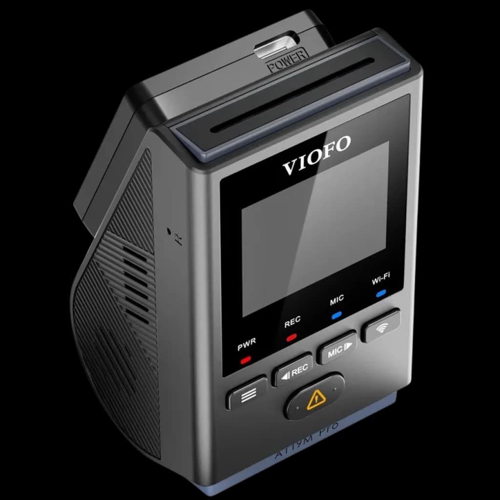 VIOFO A119M Pro 4K HDR Mini com tela traseira, botões PWR REC MIC Wi‑Fi, slot superior, corpo compacto em ângulo e ventilação lateral, Wi‑Fi 6 e voz