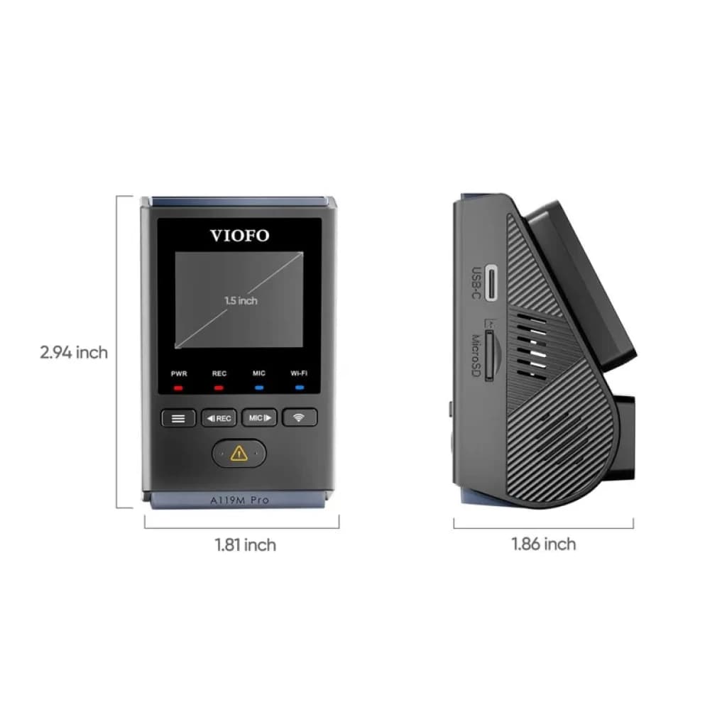 VIOFO A119M Pro 4K HDR Mini com ecrã 1.5, Wi‑Fi 6 dual band, controlo por voz, GPS, microfone e botões frontais; design compacto com suporte aderente