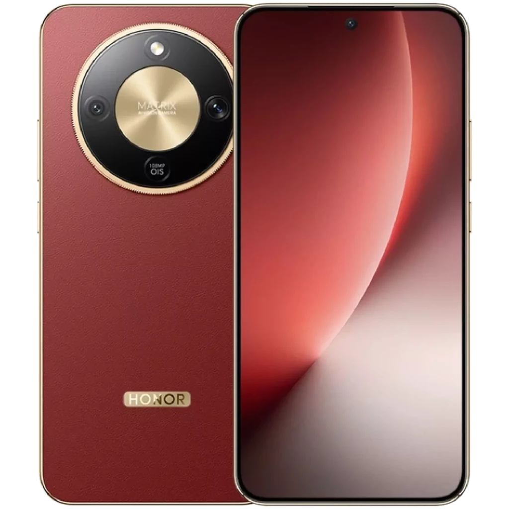 Honor Magic8 Lite 5G en tono Reddish Brown con acabado tipo cuero, módulo de cámara circular dorado 108 MP, bordes dorados y pantalla 6.79 pulgadas - Ítem