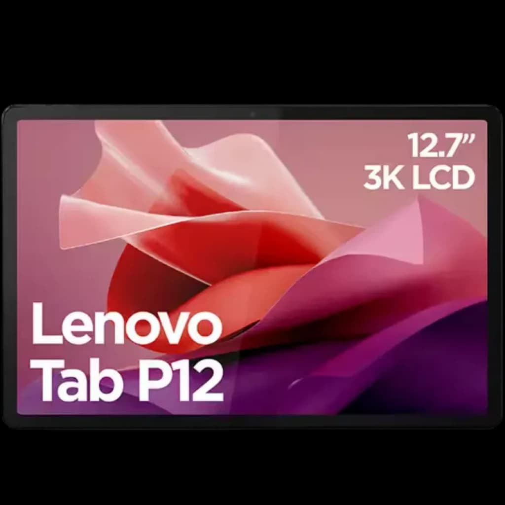 Tablet Lenovo Tab P12 gris con pantalla 12.7 pulgadas 3K LCD, biseles delgados y diseño estilizado, ideal para multimedia y productividad portátil