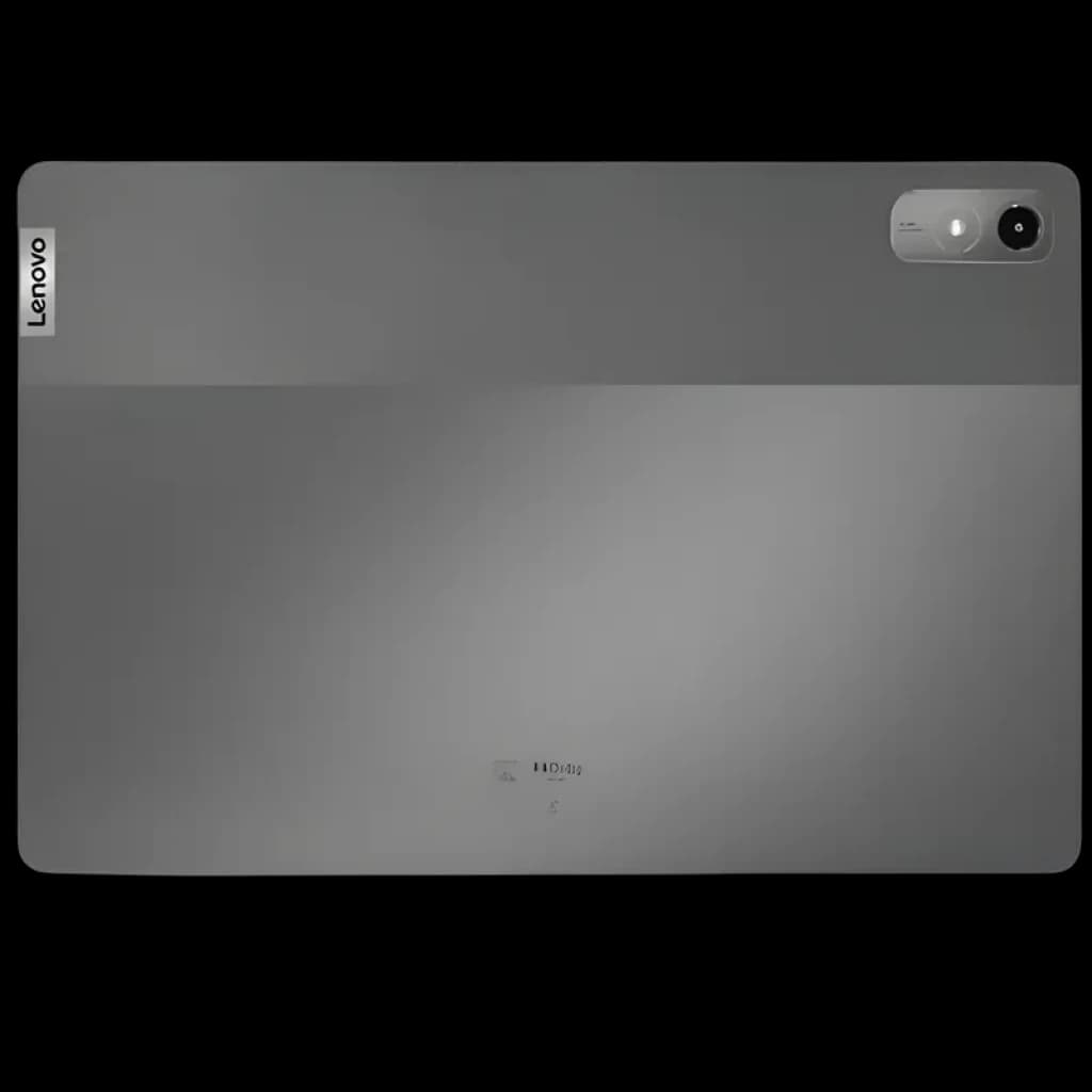 Parte trasera de Lenovo Tab P12 gris metalizado con acabado mate, logo lateral Lenovo, cámara única con flash en módulo ovalado y bordes rectos elegantes