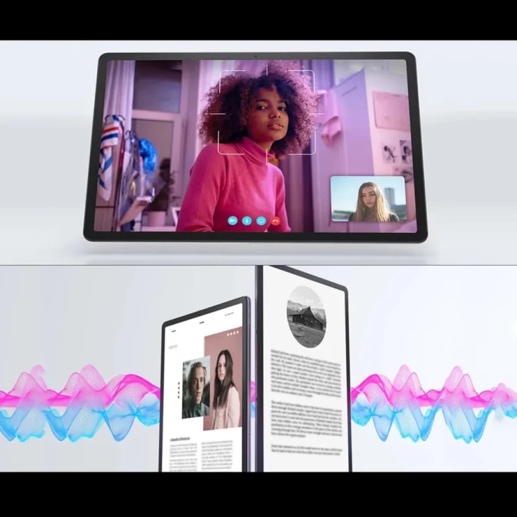 Tablet Lenovo Tab P12 gris con pantalla 12.7 pulgadas, marcos finos, cámara frontal para videollamadas; interfaz Android con multitarea en pantalla dividida