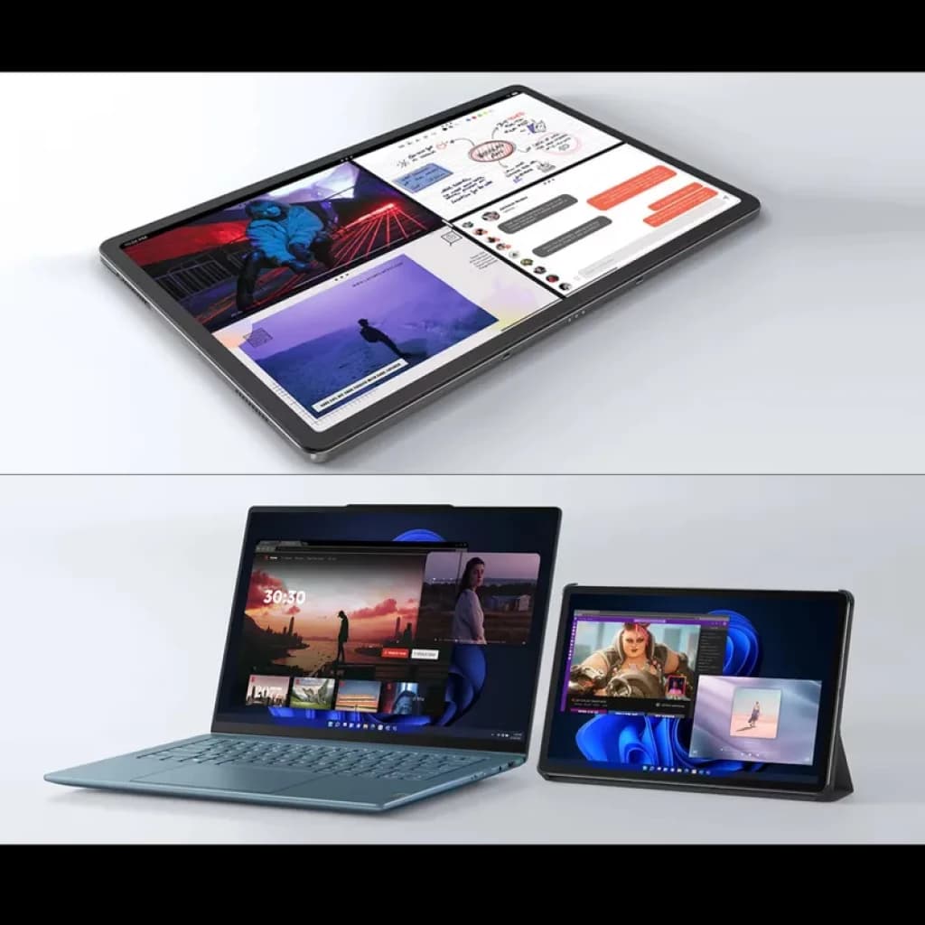 Tableta Lenovo Tab P12 gris de 12.7 pulgadas, diseño delgado con biseles finos, pantalla grande para multitarea y soporte en orientación horizontal