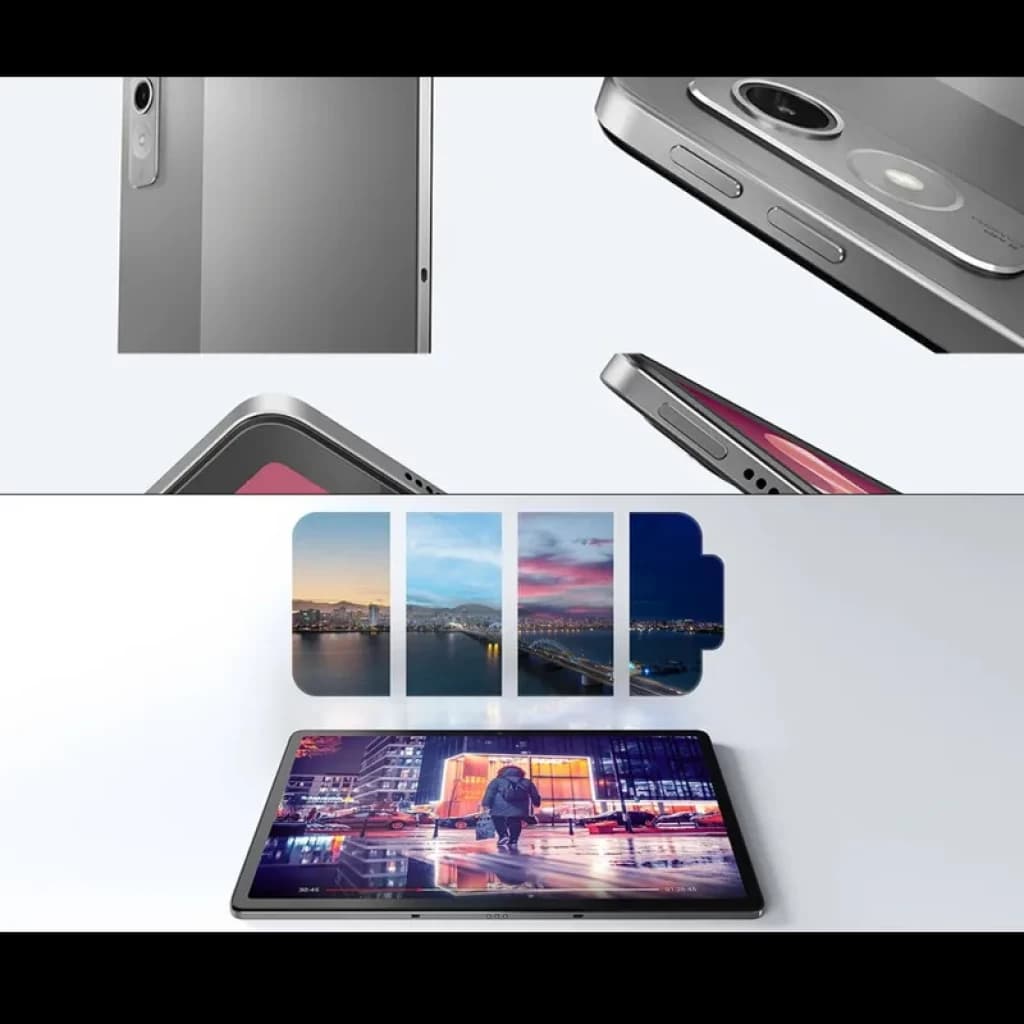 Tablet Lenovo Tab P12 gris con pantalla 12.7, bordes finos, cámara trasera con flash y botones laterales; diseño metálico y batería de larga duración