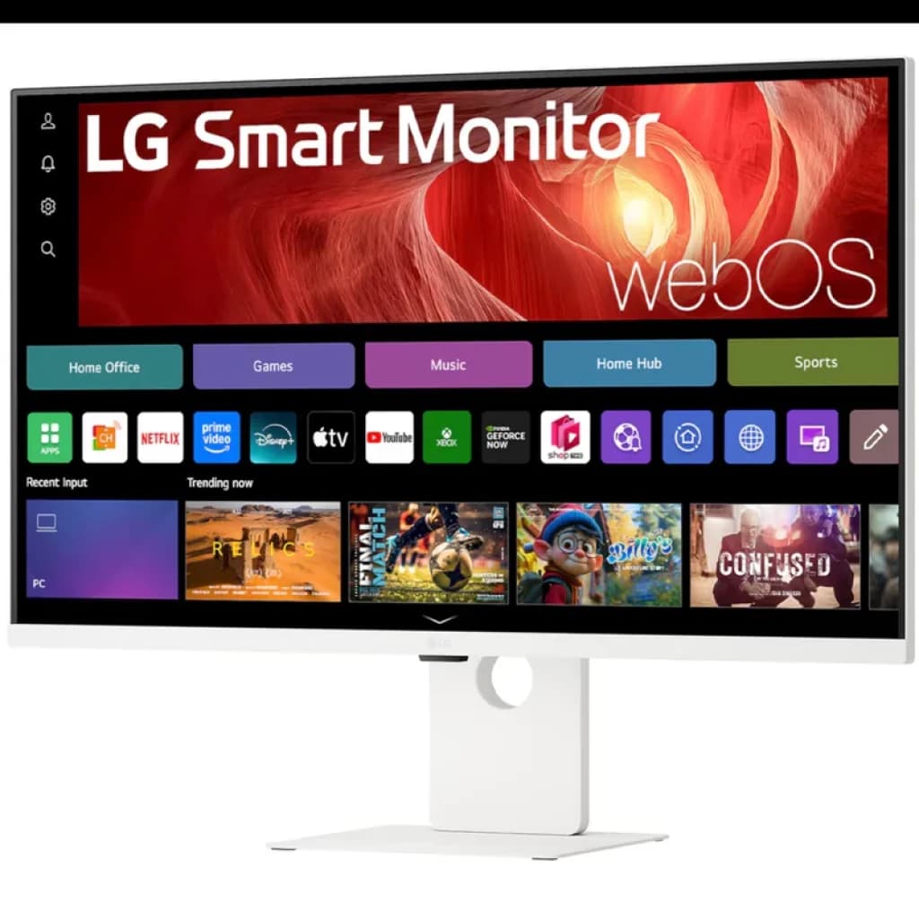 Moniteur LG 37U730SA-W 37 pouces 4K UHD IPS blanc, bords fins, pied réglable avec passe‑câbles, interface webOS et ports HDMI, écran large pour multitâche