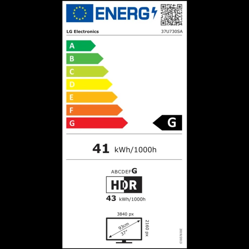 Étiquette énergie UE pour LG 37U730SA-W blanc: classe G, 41 kWh/1000h, HDR, 3840x2160, 37 pouces, HDMI, écran IPS 65 W, schéma dimensions inclus