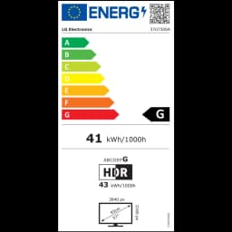 Étiquette énergie UE pour LG 37U730SA-W blanc: classe G, 41 kWh/1000h, HDR, 3840x2160, 37 pouces, HDMI, écran IPS 65 W, schéma dimensions inclus