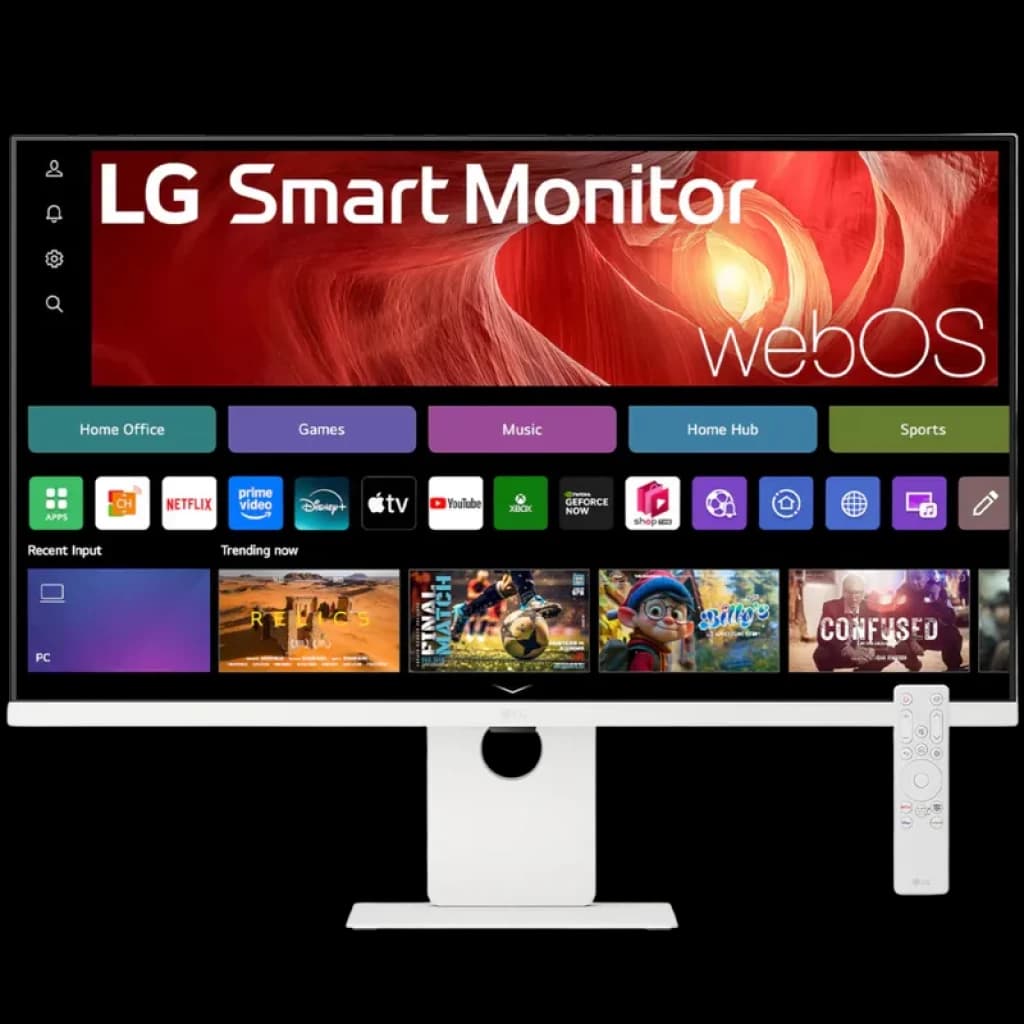 LG 37U730SA-W moniteur 37 pouces 4K UHD IPS blanc, cadre fin, pied réglable, télécommande incluse, interface webOS avec applications multimédia