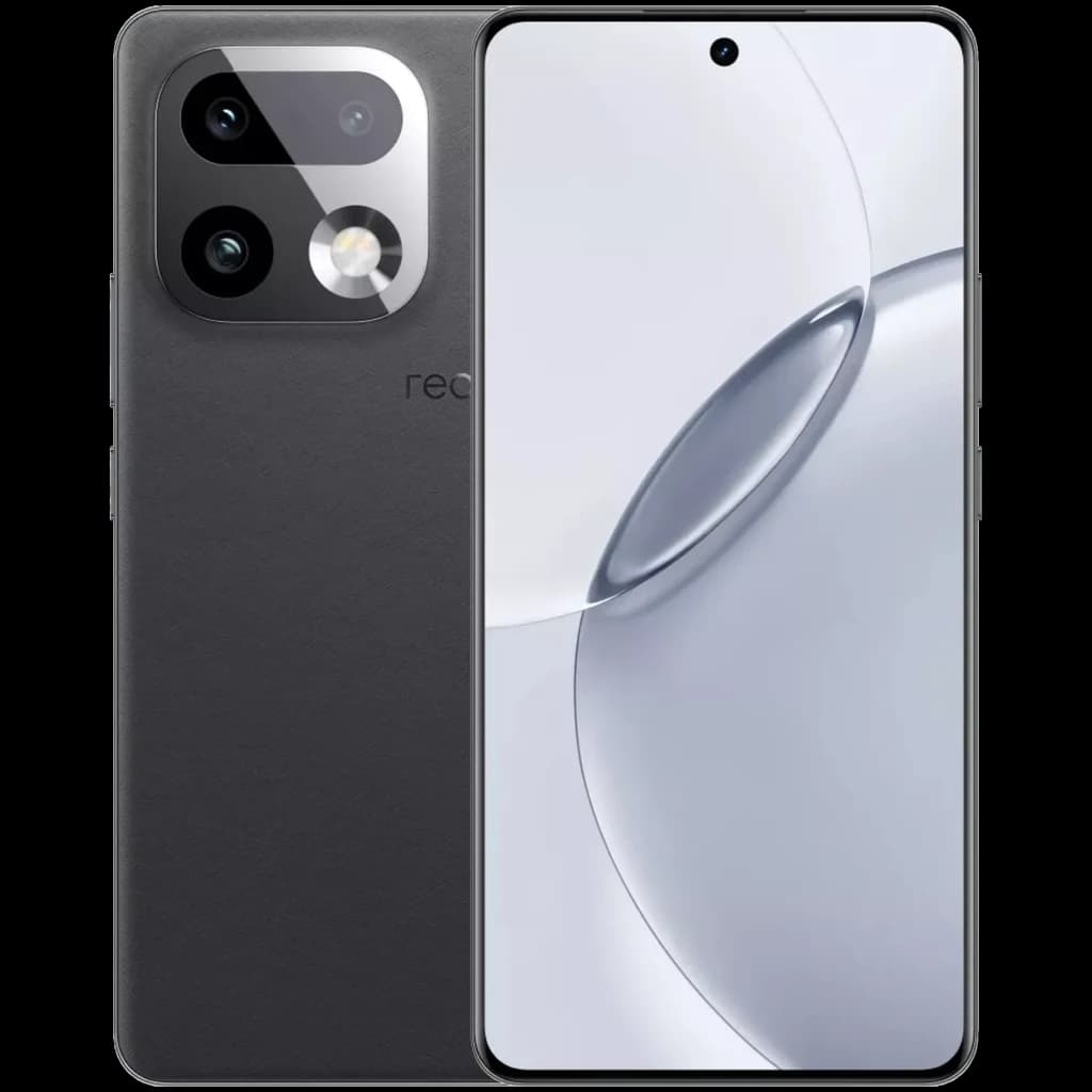 Realme 16 Pro+ gris con pantalla 6.7 sin bordes, cámara dual trasera con telefoto y flash, lente frontal en orificio central, acabado mate elegante