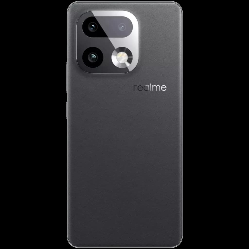 Realme 16 Pro+ gris con tapa trasera mate, módulo de cámaras dual con telefoto y flash circular, logo realme lateral, bordes suaves y diseño elegante