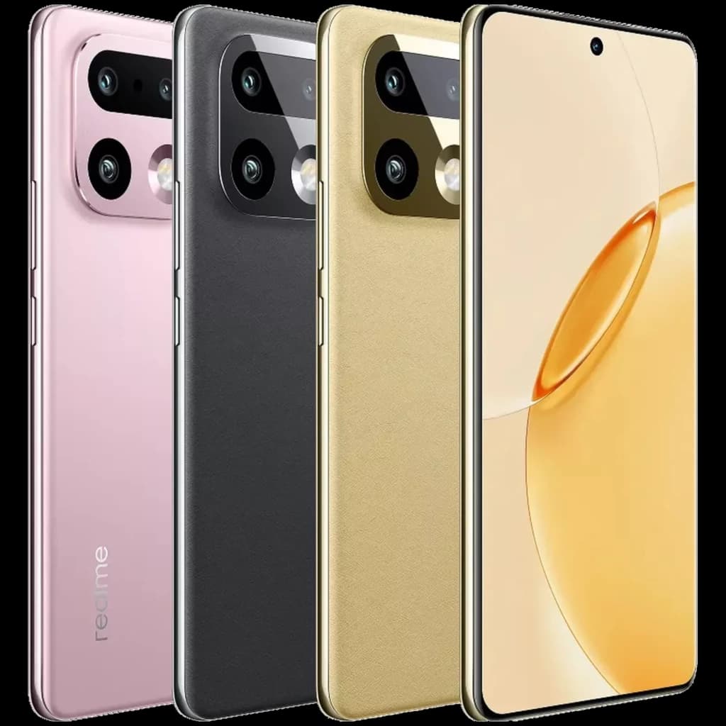 Realme 16 Pro+ dorado con pantalla perforada y bordes finos, módulo de triple cámara trasera con anillo luminoso; también en negro y rosa; 512GB y 8GB RAM
