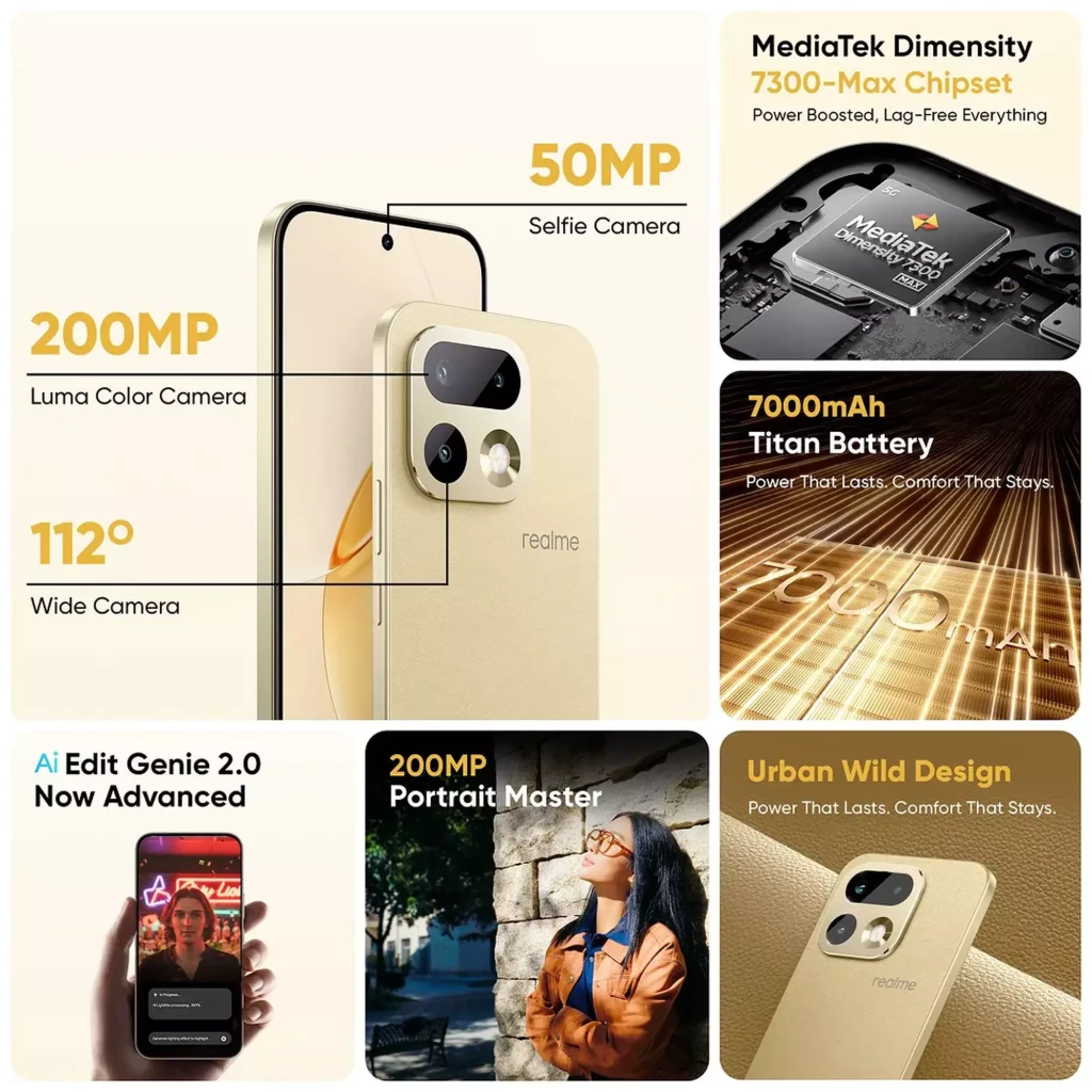 Realme 16 Pro 5G dorado con pantalla de 6.78 pulgadas, doble cámara trasera con flash circular, frontal con perforación central y bordes delgados - Ítem5