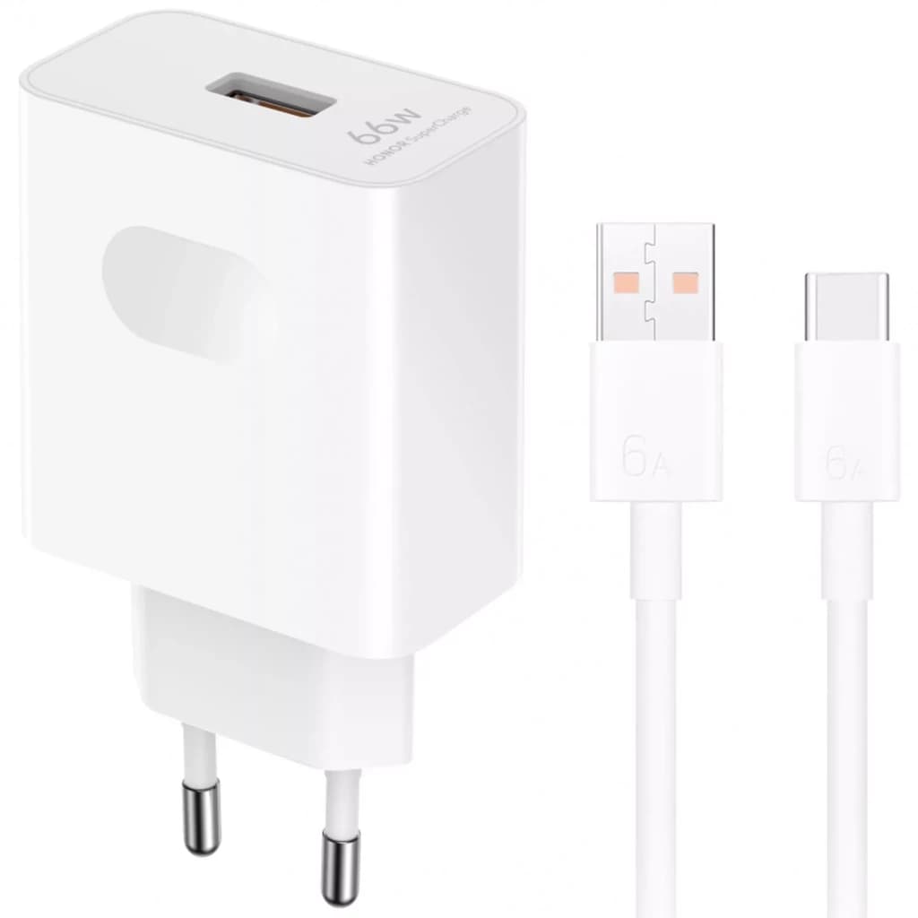 Cargador Honor SuperCharge Power Adapter 2 66W, compacto y blanco, con puerto USB-A superior y clavija plegable de tres puntas, acabado liso minimalista
