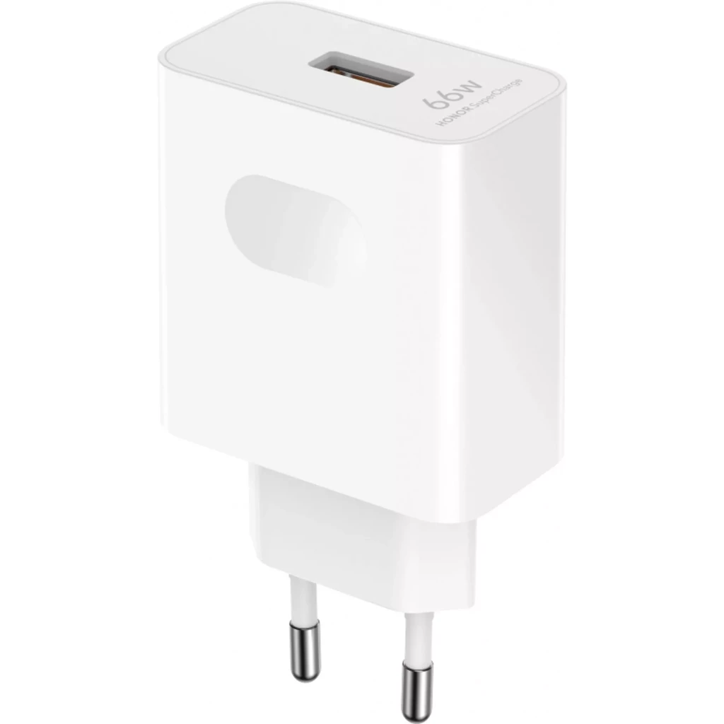 Cargador Honor SuperCharge Power Adapter 2 66W, compacto y blanco, con puerto USB-A superior y clavija plegable de tres puntas, acabado liso minimalista - Ítem1