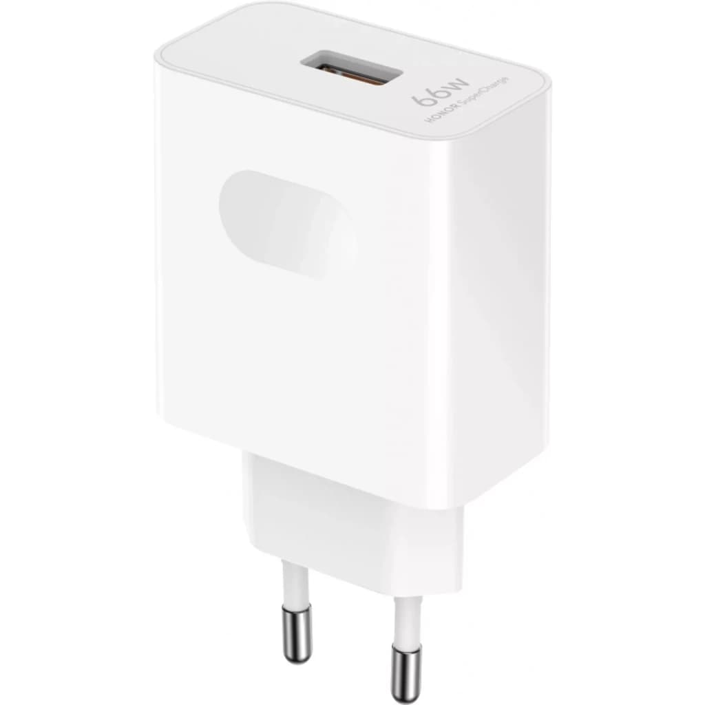 Honor SuperCharge Power Adapter 2 66W Cargador blanco con puerto USB-A superior, diseño compacto, bordes redondeados y enchufe europeo de dos pines