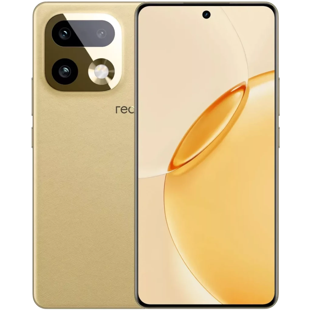 Realme 16 Pro+ 512GB dorado con pantalla completa perforada, bordes finos y módulo dual de cámaras traseras con flash anillo; acabado metálico elegante - Ítem