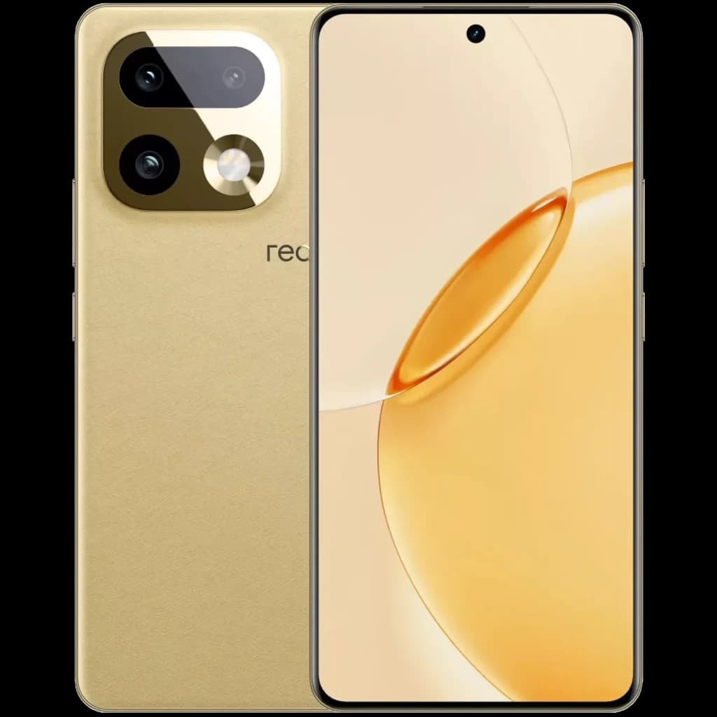 Realme 16 Pro+ 512GB dorado con pantalla completa perforada, bordes finos y módulo dual de cámaras traseras con flash anillo; acabado metálico elegante