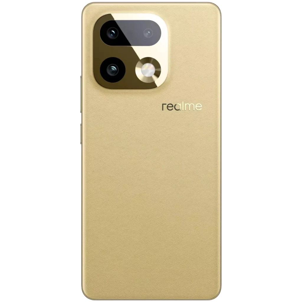 Realme 16 Pro+ 512GB dorado con pantalla completa perforada, bordes finos y módulo dual de cámaras traseras con flash anillo; acabado metálico elegante - Ítem2
