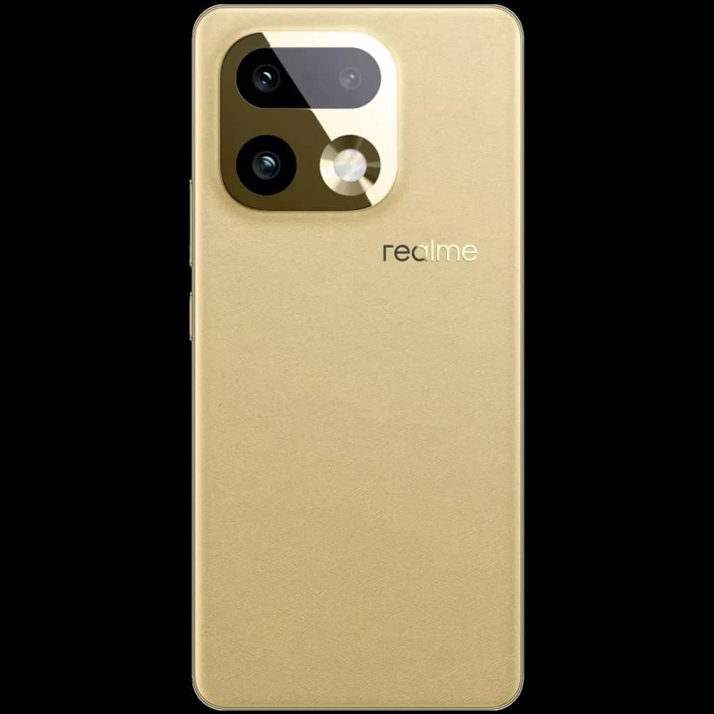 Realme 16 Pro+ dorado con acabado mate, módulo de cámara dual en esquina superior izquierda y logo realme centrado; diseño premium y minimalista