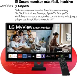 LG 32SR50F-W.AEU 31.5 FullHD IPS WebOS preto, tela fina com bordas estreitas, base retangular, interface WebOS na tela e controle remoto ao lado